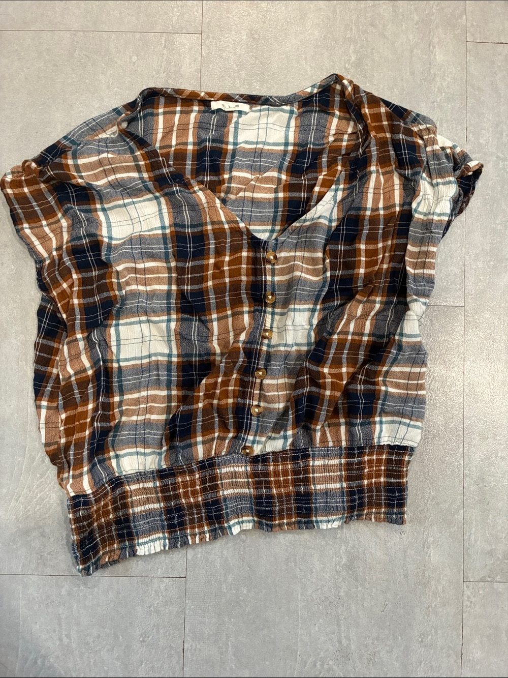 Maurices Brown Navy Cream Plaid Button Front Women’s Top